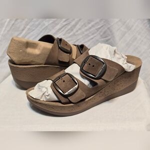 FANTASY SANDALS Despoina Brown Leather Slide On Wedge Women's Size EU 40 US 9.5